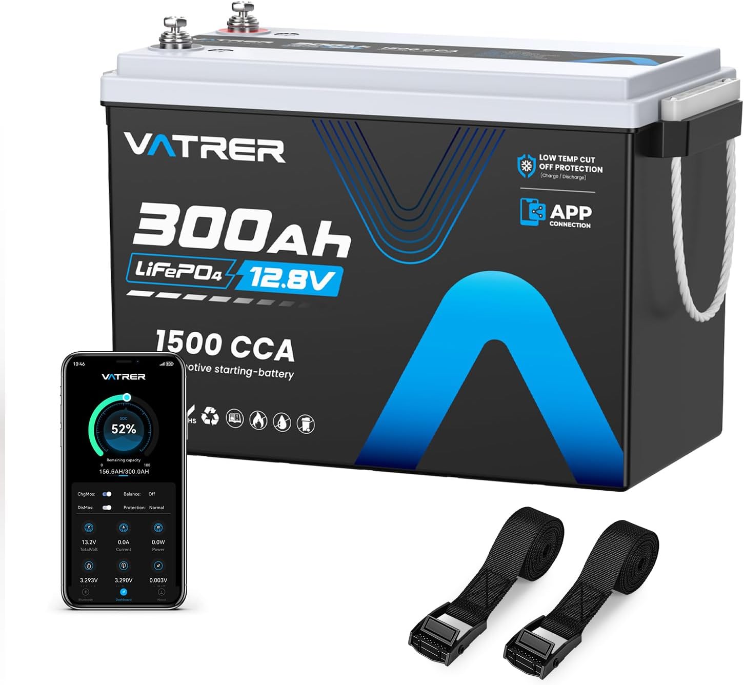 12V 300Ah Lithium LiFePO4 Battery with APP Monitoring, 200A BMS Rechargeable Starting Battery with 2PCS Battery Tie Down Straps, Perfect for RVs, Solar, Boats, Off-Grid,Home Energy Storage