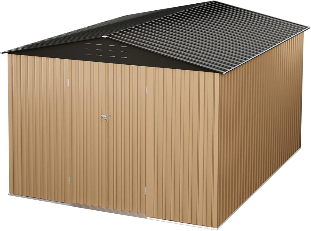 10X12x8 FT Outdoor Steel Storage Shed with Lockable Doors, Garden Sheds with Weather-Resistant and Moisture-Resistant, Ideal for Patio Lawn Backyard Outside Use, Brown