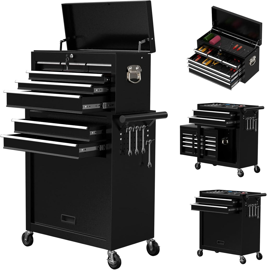 8-Drawer Rolling Tool Chest, High Capacity Removable Tool Storage Cabinet, Detachable Toolbox with Lock for Garage Warehouse and Tool Room (Black)