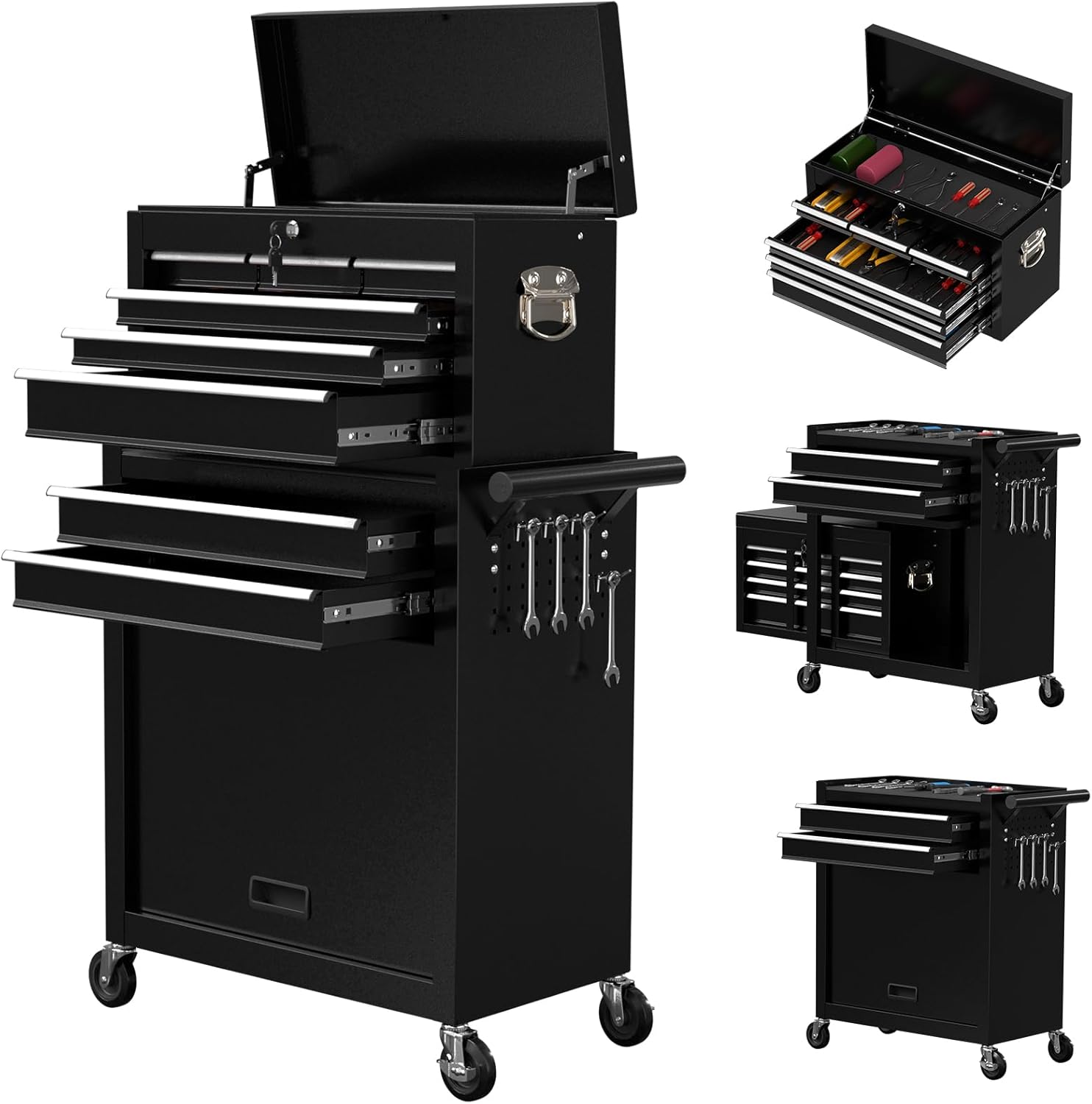 8-Drawer Rolling Tool Chest, High Capacity Removable Tool Storage Cabinet, Detachable Toolbox with Lock for Garage Warehouse and Tool Room (Black)