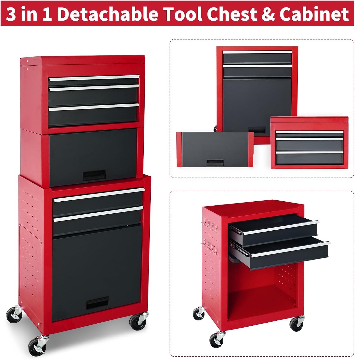 Rolling Tool Chest, 3-in-1 Detachable Metal Tool Box with Wheels & Drawers, High Capacity Toolbox Organization Sliding Drawers Garage Storage Box Cabinet Tools Cart for Warehouse Workshop