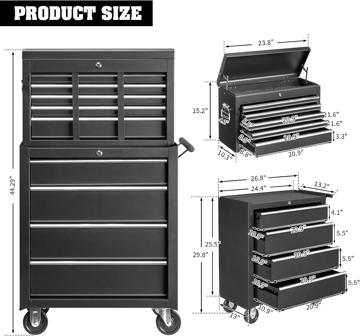 Winado 9-Drawer Rolling Tool Chest with Wheels & Lock & Key, Tool Box with Large Storage Cabinet, Removable Portable Top Box for Garage, Warehouse, Repair Shop & Home