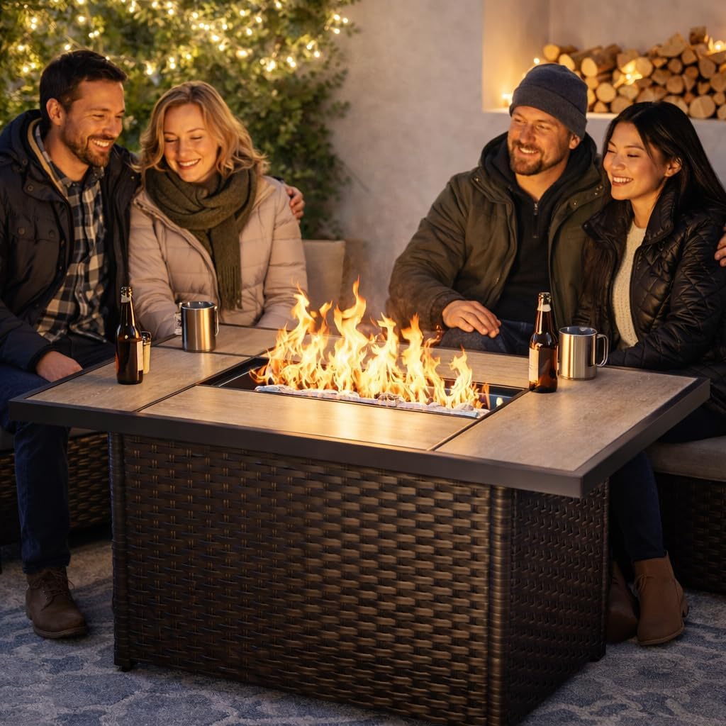 Grand Patio Outdoor 43-Inch CSA Safety Approved Gas Fire Pit Table 60,000 BTU Rectangle Propane Fire Pit with Ceramic Tile Top and Wicker Base