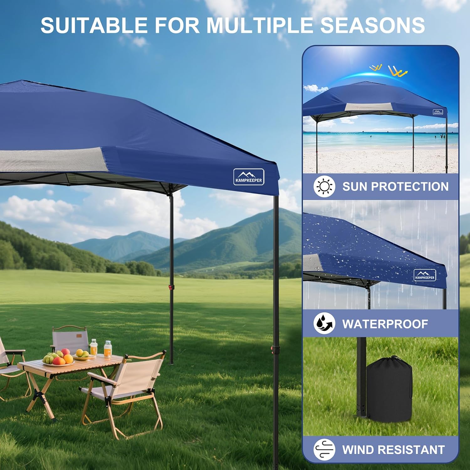 KAMPKEEPER 12x12 Pop Up Canopy Tent,Heavy Duty Outdoor Sun Shade for Events,Camping,Parties - Polygonal Patio Gazebo with Wheeled Bag,4 sandbags(Navy Blue, 12x12FT)