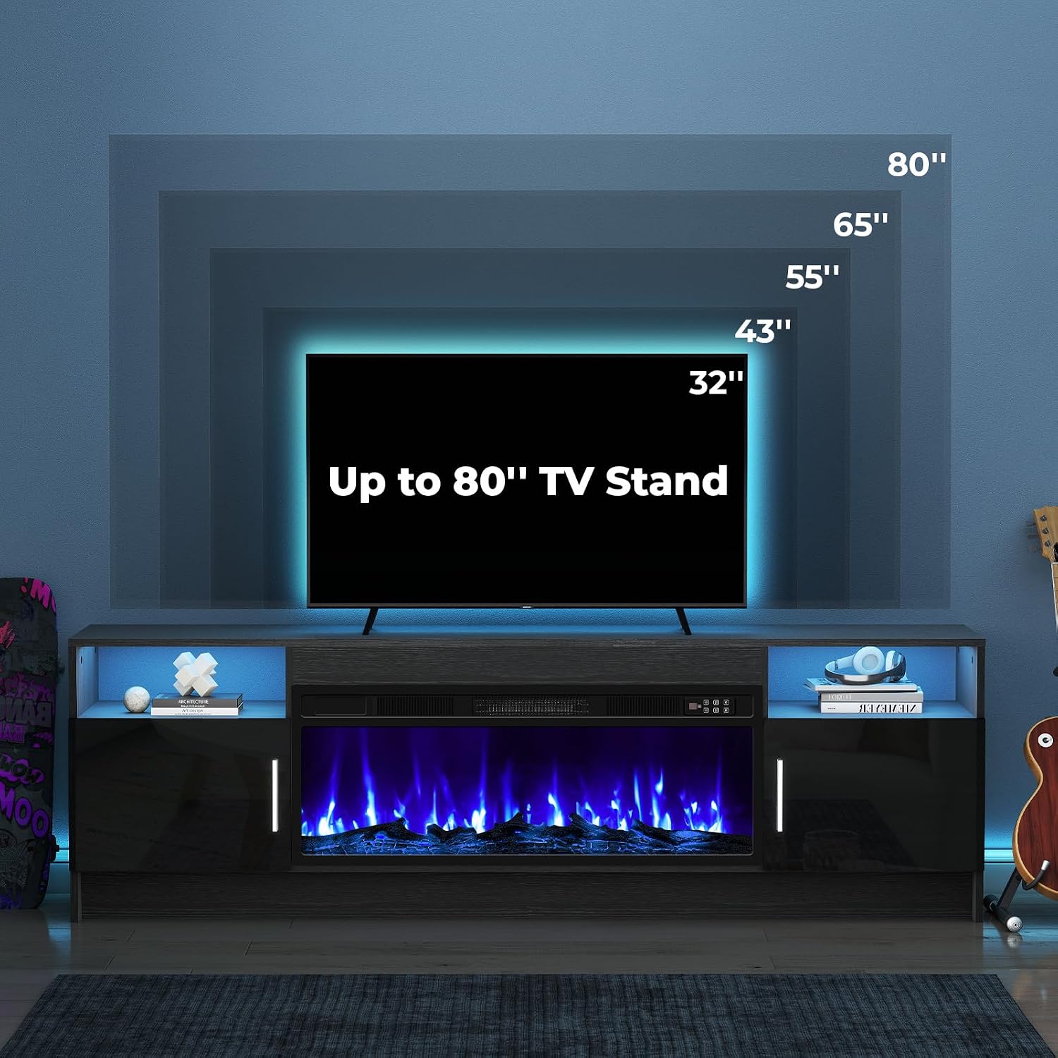70' Fireplace TV Stand for TVs Up to 80', LED Light Media Console with 36' Electric Heater, Storage Cabinet, Black Entertainment Center for Living Room,Log