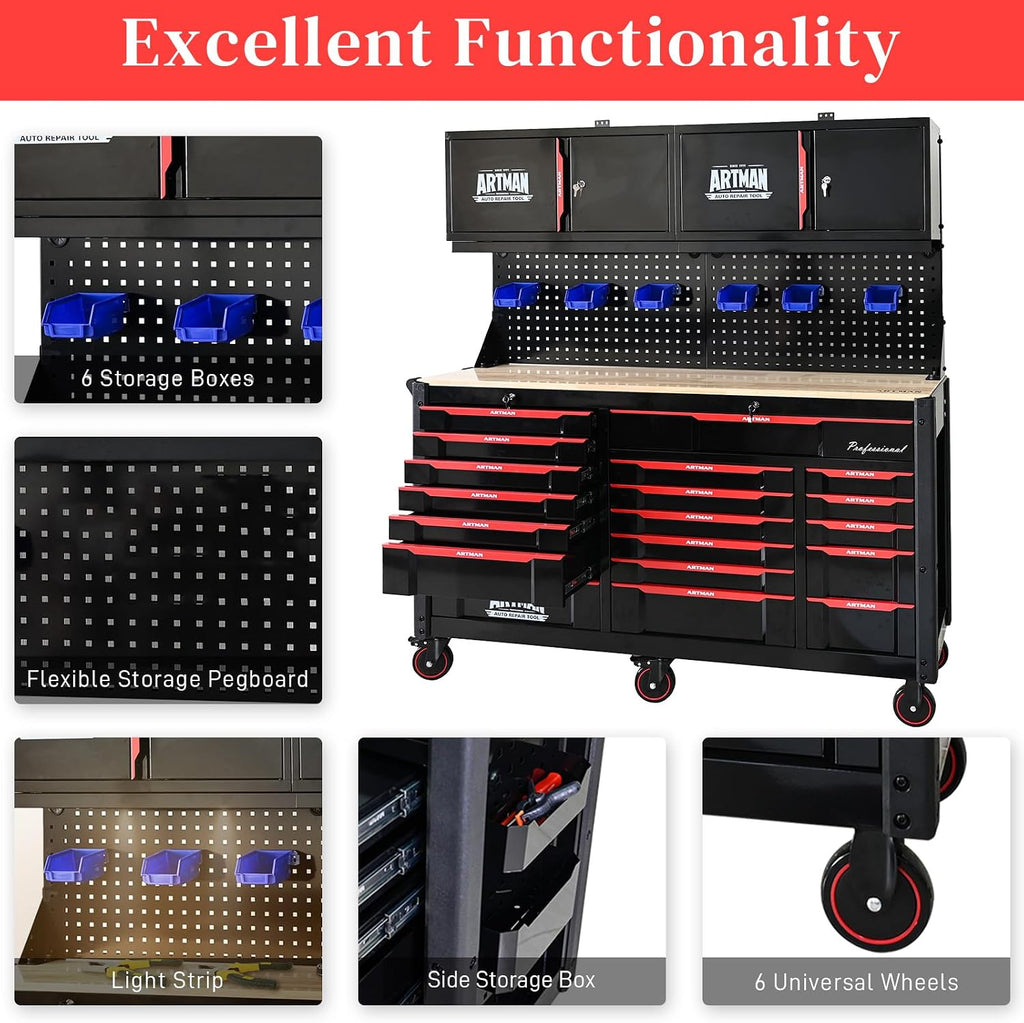 19 Drawers Rolling Tool Chest Large Mobile Workbench Heavy Duty Wood Top Tool Cart on Wheels Mechanic Toolbox Storage Cabinet for Garage, Workshop, Warehouse, Laboratory, with 2 Upper Cabinets