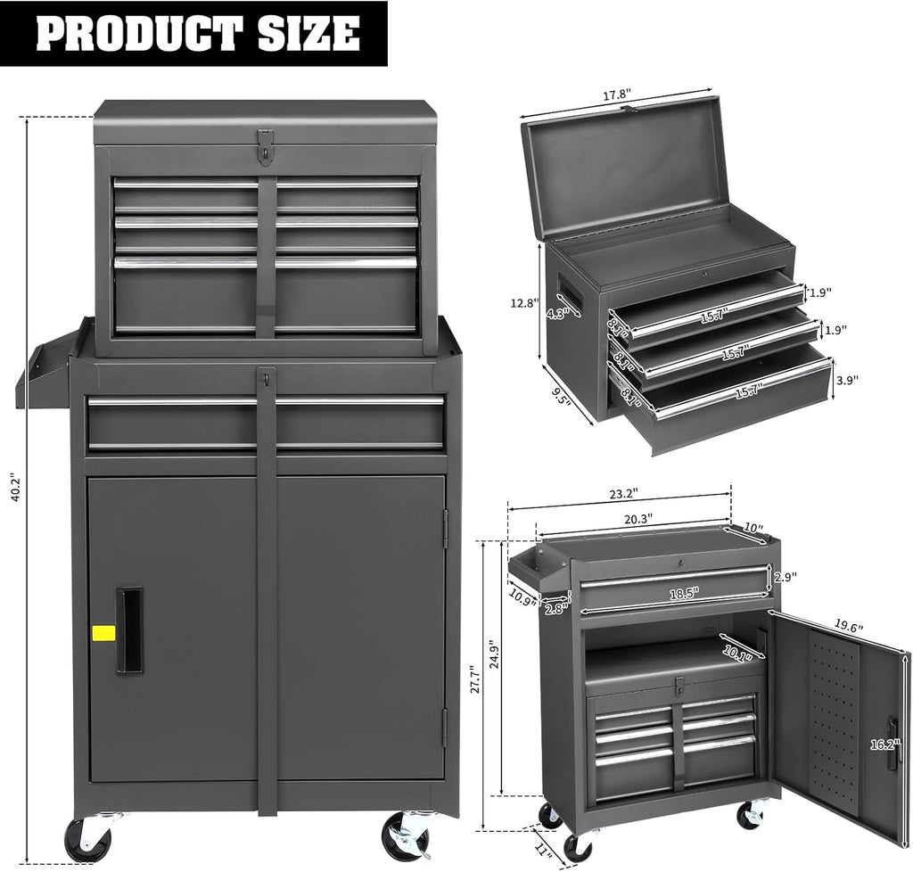 Winado 4-Drawer Rolling Tool Chest with Wheels & Lock, Tool Box with Large Storage Cabinet and Adjustable Shelf, Removable Portable Top Box for Garage, Warehouse, Factory