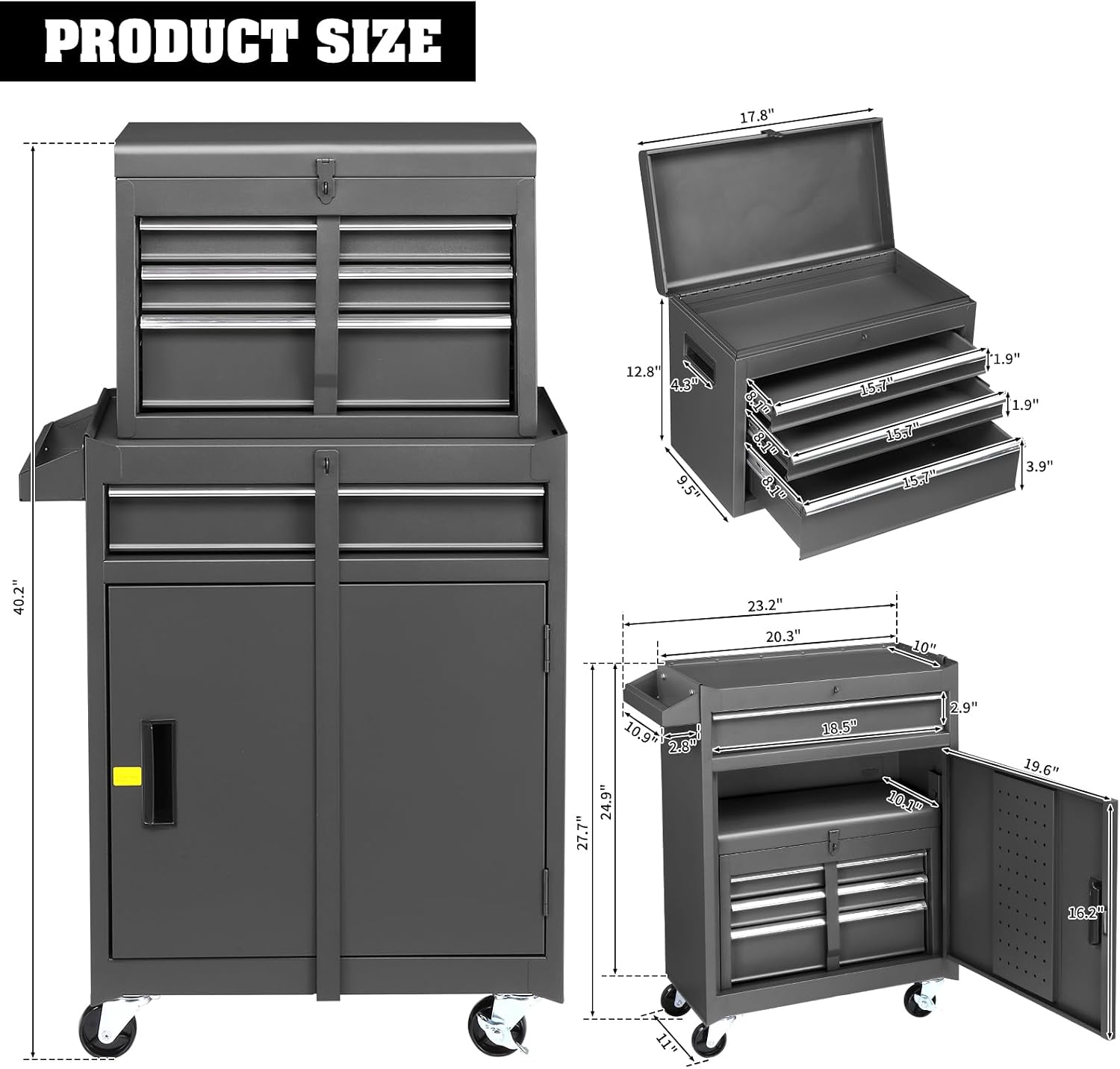 Winado 4-Drawer Rolling Tool Chest with Wheels & Lock, Tool Box with Large Storage Cabinet and Adjustable Shelf, Removable Portable Top Box for Garage, Warehouse, Factory