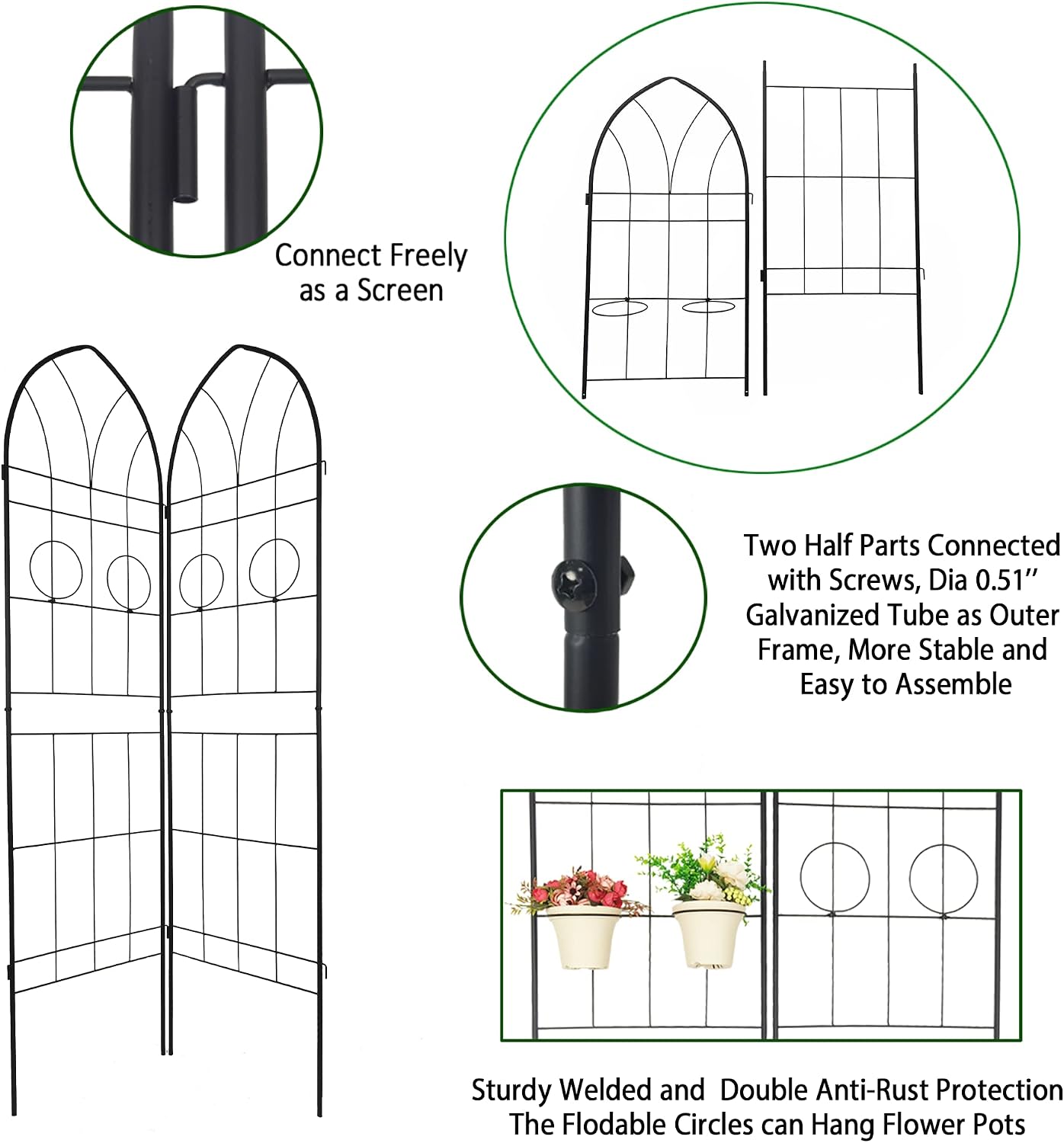 78.7'x80' 4 Pack Metal Garden Trellis with Galvanized Tube,Vines Plant Rose Vegetable Support,w/ 2 Pot Holders,Large Decorative Outdoor Trellis,for Backyard,Farm,Black