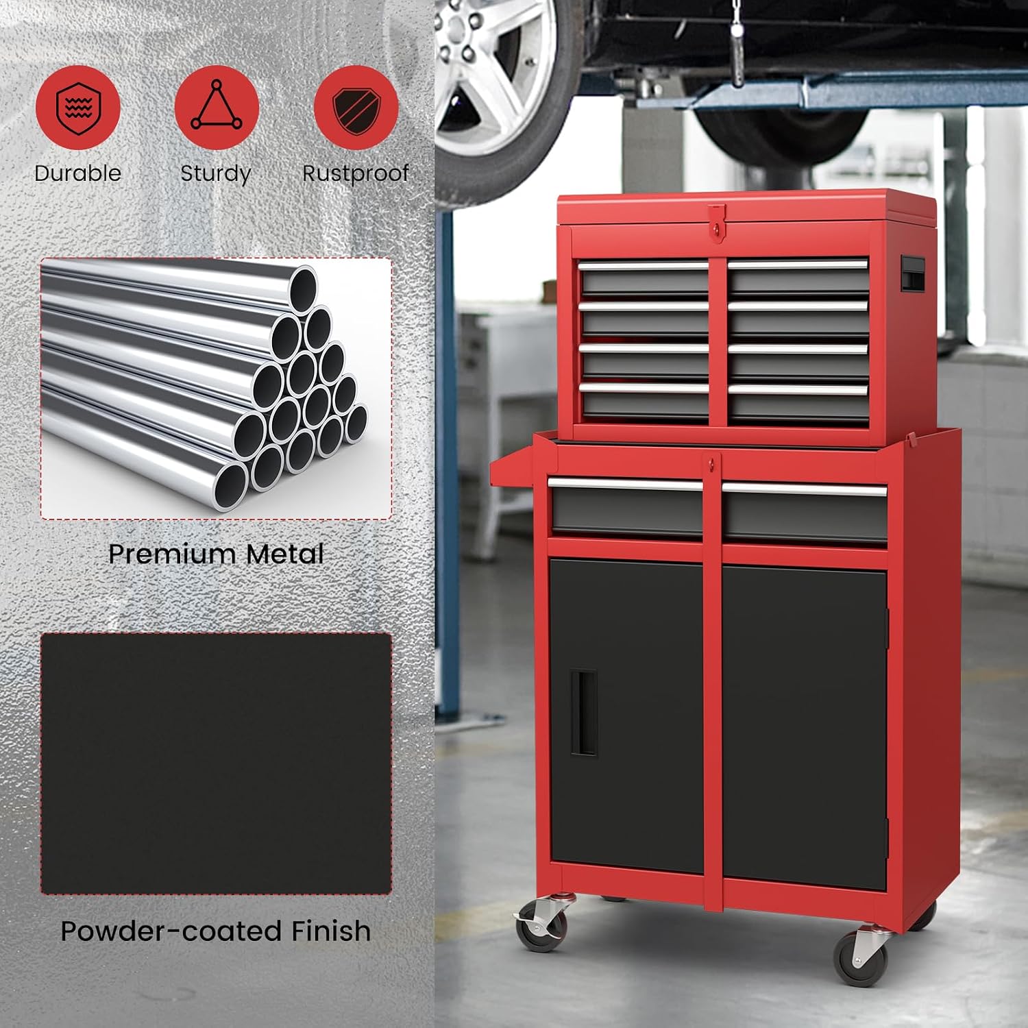IRONMAX Rolling Tool Chest, Lockable 5-Drawer Tool Cabinet w/Tool Side Slot & Universal Wheels, 2 in 1 Detachable Tool Box Storage Organizer for Garage Workshop Auto Shop