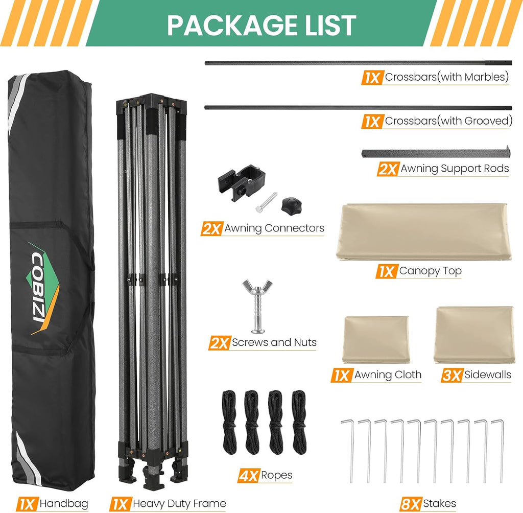 COBIZI 10x20 Pop up Heavy Duty Canopy Tent, Commercial Instant Canopies with Sturdy Awning, Outdoor Canopies for Market, Event, Khaki
