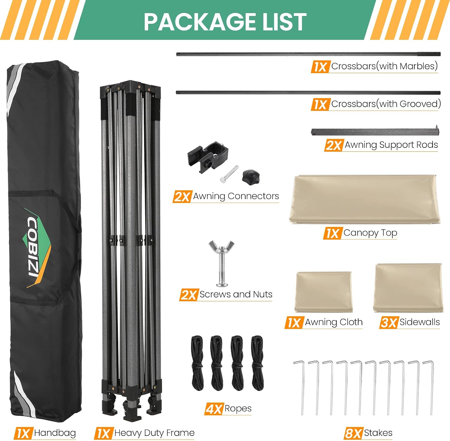 COBIZI 10x20 Pop up Heavy Duty Canopy Tent, Commercial Instant Canopies with Sturdy Awning, Outdoor Canopies for Market, Event, Khaki