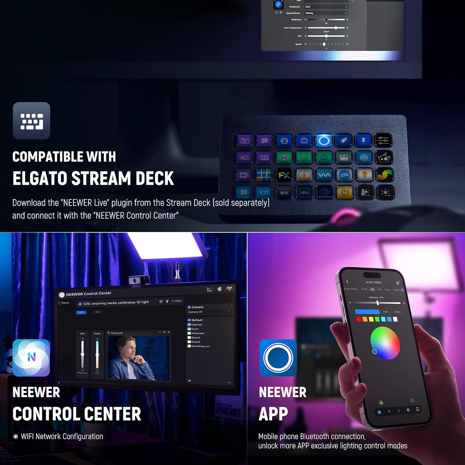 NEEWER GL25C LED RGB Streaming Key Light, APP/PC Control 25W 2500Lux/0.5m 2900K-7000K CRI95+/TLCI97+ Full RGB Dimmable Edge Emitting Silent Webcam Video Light with Desk Stand