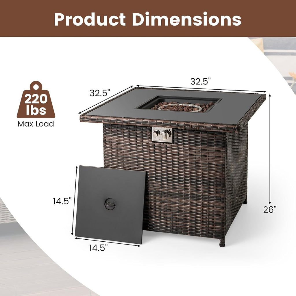 Tangkula 32.5 Inch Propane Fire Pit Table, Outdoor Rattan Gas Firepit with Tempered Glass Tabletop & Stainless Steel Burner, Square Fire Pit with Lava Rocks & Protective Cover for Outside Patio