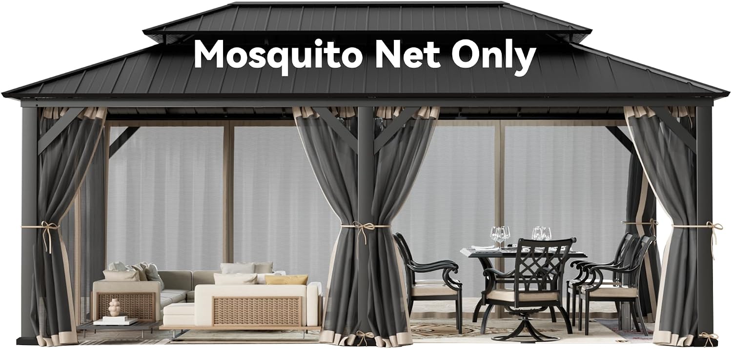 Covered Outdoor 12' x 20' Gazebo Mosquito Netting Replacement, 6-Panel Sidewalls with Double Zipper, Compatible with Patio Canopy, Garden, Canopy Tent, Backyard (Mosquito Net Only)