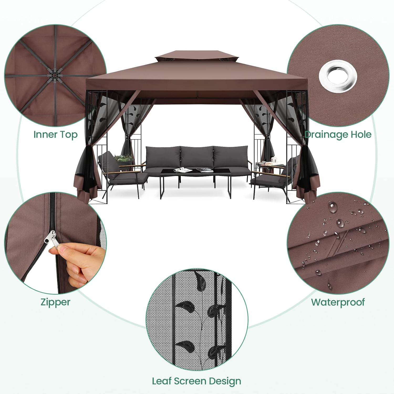 COBIZI Gazebo 10x13 Heavy Duty Gazebos with Improved Nettings Outdoor Gazebo Double Roof Patio Gazebos with Metal Steel Frame Outdoor Canopy for Patio, Deck, Backyard (Brown)