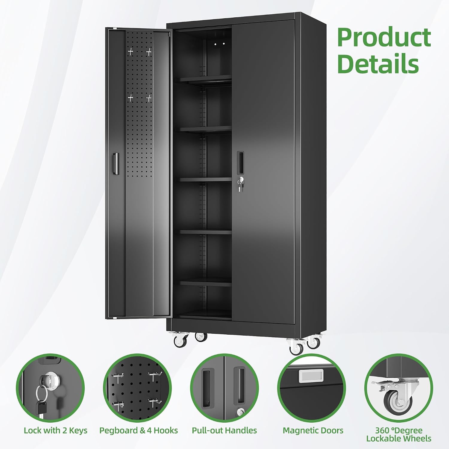 Garage Storage Cabinet with Wheels and Pegboard, 71' H x 32' W x 16' D Lockable Metal Storage Cabinet with 5 Adjustable Shelves and 2 Doors for Garage Home, Assembly Required, Black