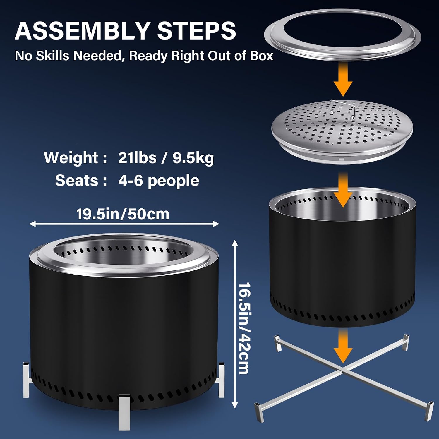 HGD 19.5' Smokeless Firepit with Stand, Stainless Steel Wood Burning Fire Pit for Friends & Family Gatherings, Secondary Combustion Outdoor Patio Stove for Garden BBQ & Bonfire (Black)