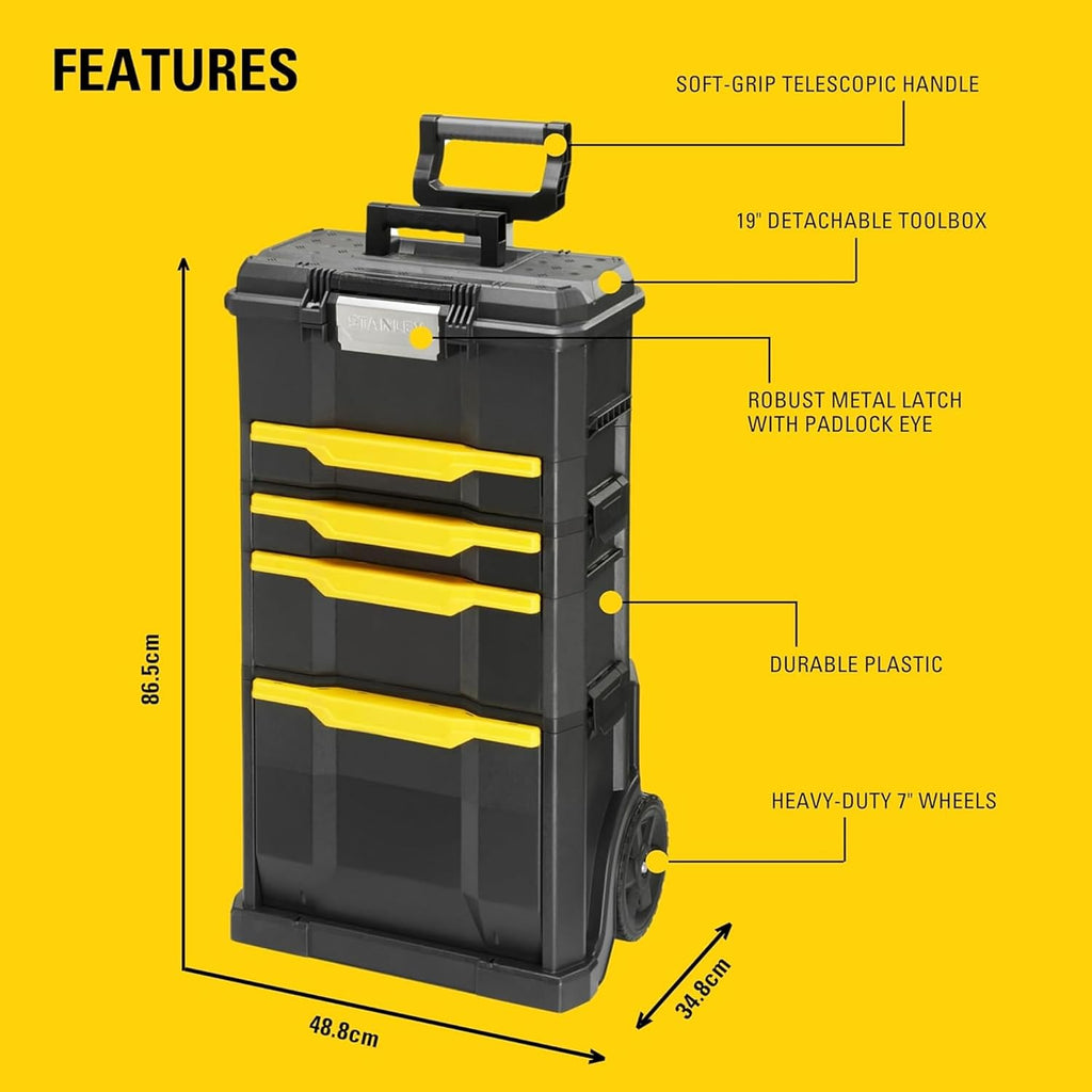 STANLEY Rolling Workshop Toolbox, Detachable Toolbox with Drawers, Flip Bin, Back Pocket, 7 Heavy Duty Wheels, 1-79-206