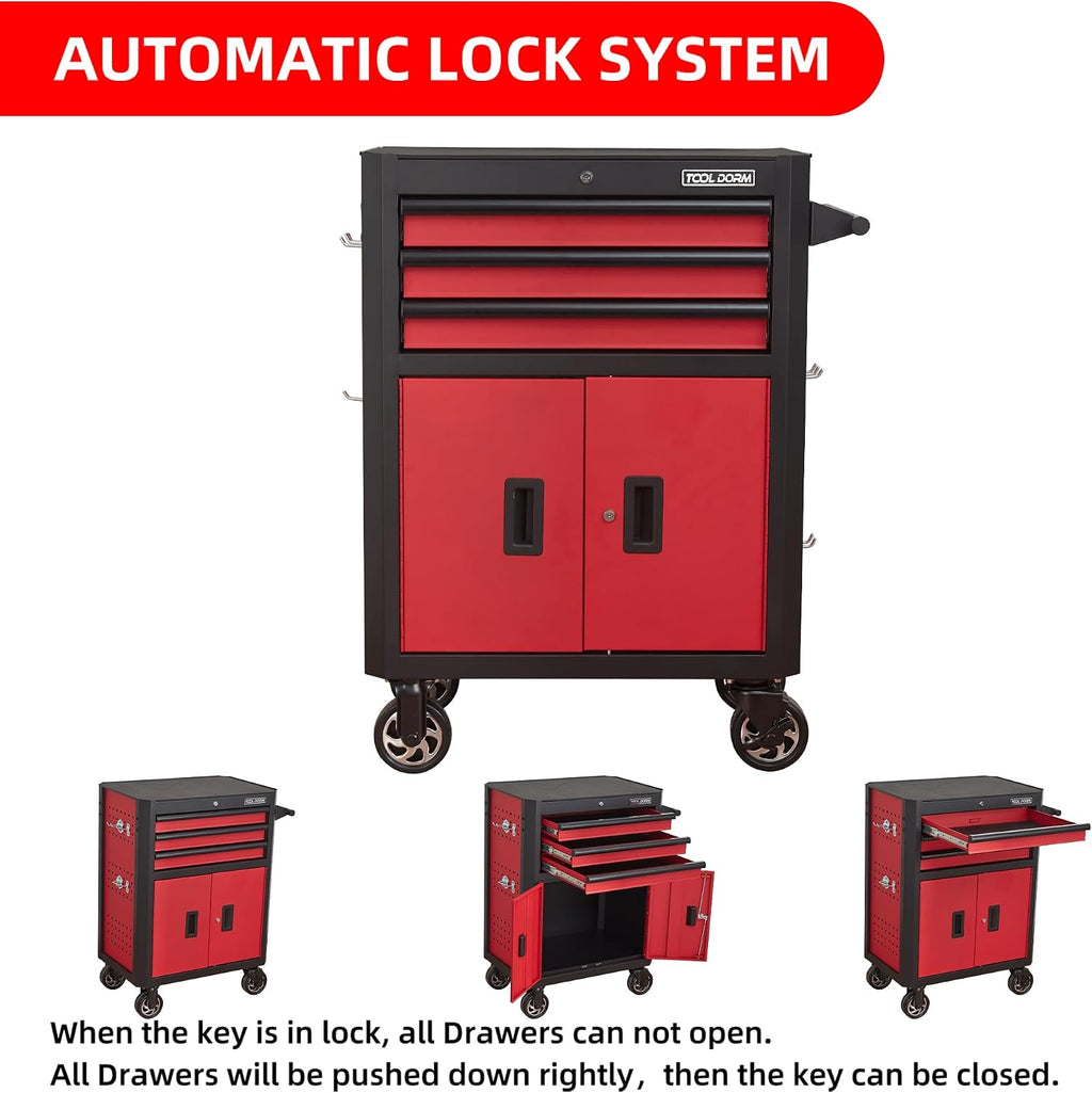 Tool Chest with Wheels - 28inch Tool Box with 3 Drawers & 1 Big Tool Cabinet with 2 Door, Metal Rolling Tool Cabinet with Locking System, for Garage, Warehouse, Workshop, Repair Shop