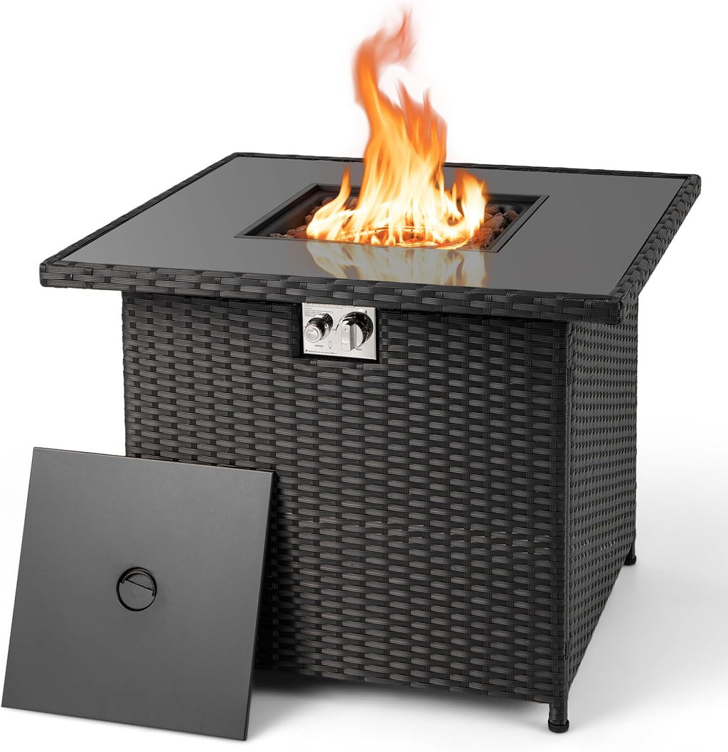 Tangkula 32.5 Inch Propane Fire Pit Table, Outdoor Rattan Gas Firepit with Tempered Glass Tabletop & Stainless Steel Burner, Square Fire Pit with Lava Rocks & Protective Cover for Outside Patio