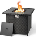 Tangkula 32.5 Inch Propane Fire Pit Table, Outdoor Rattan Gas Firepit with Tempered Glass Tabletop & Stainless Steel Burner, Square Fire Pit with Lava Rocks & Protective Cover for Outside Patio