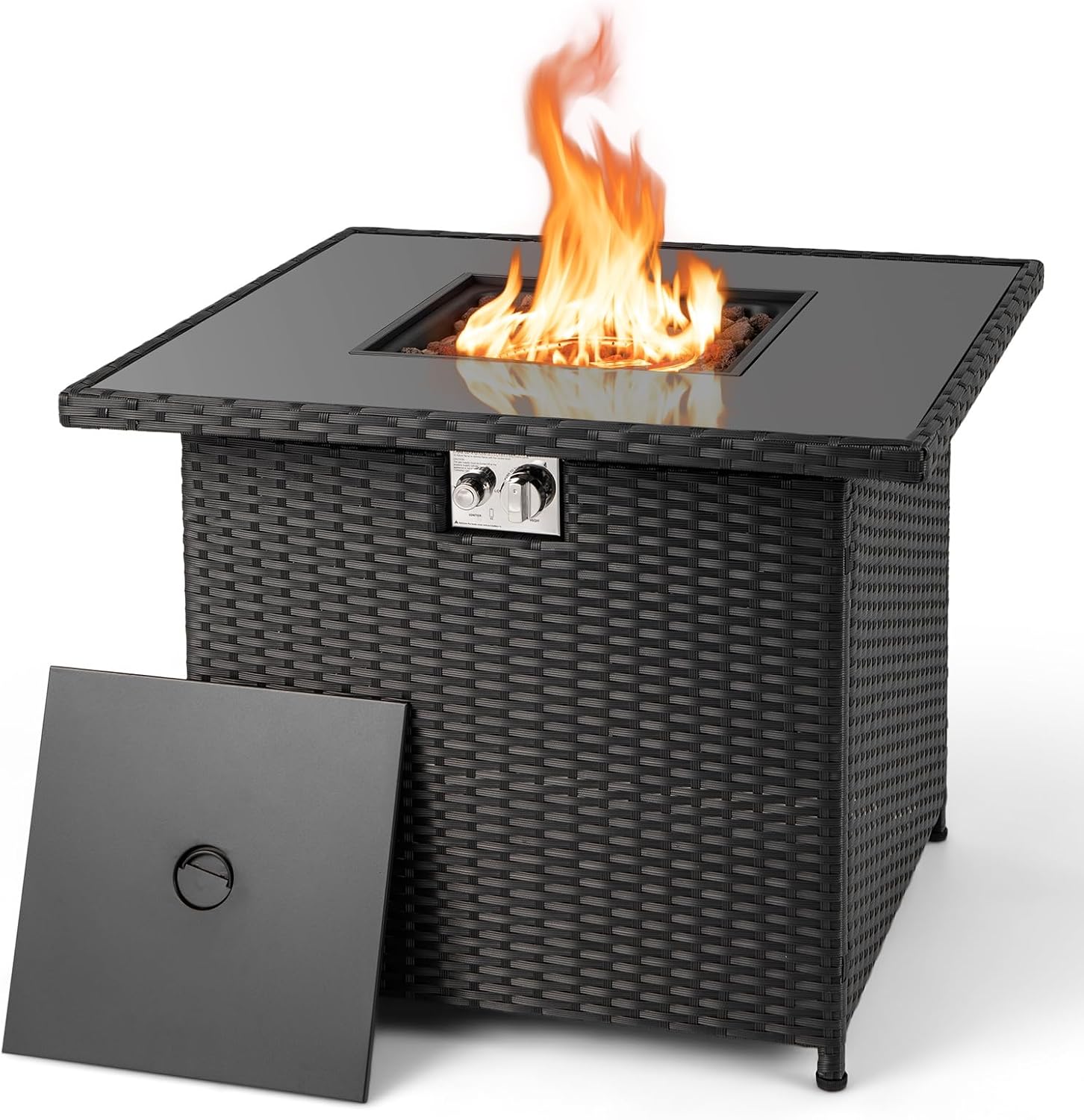 Tangkula 32.5 Inch Propane Fire Pit Table, Outdoor Rattan Gas Firepit with Tempered Glass Tabletop & Stainless Steel Burner, Square Fire Pit with Lava Rocks & Protective Cover for Outside Patio