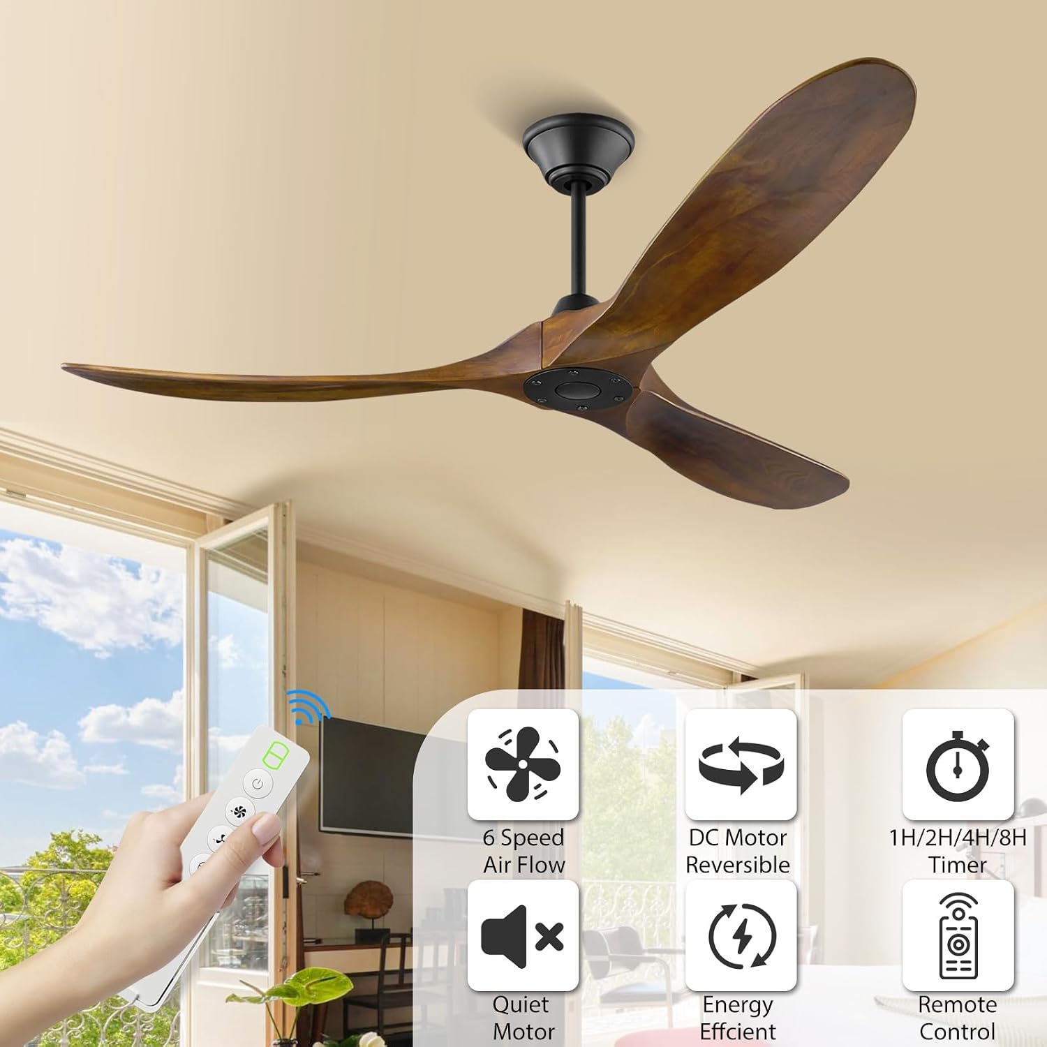 Wood Ceiling Fan without Light, 60 Inch Indoor Outdoor Ceiling Fan with Remote no Light, 3 Blade Large Airflow Propeller Fan for Farmhouse Patios Gazebo, Reversible DC Motor, 3 Downrods