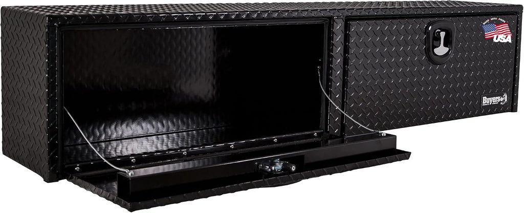 Buyers Products 1721565 Black Aluminum Diamond Tread Topsider Truck Box With Drop Door, 90x18x16 Inch, Weather Resistant, Locking Compression Latch, No Drill Install, Made in USA