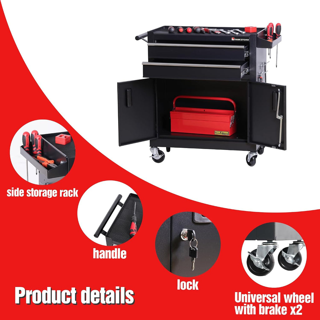 Tool Chest Heavy Duty Cart Steel Rolling Tool Box with Lockable Doors (TZ12 Black)