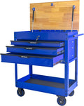 Rolling Cart With 3-Drawer Utility Box, Wheels, Wood Top - Mechanic Storage Organizer Cabinet for Garage, Warehouse, Workshop, Repair Shop - Blue