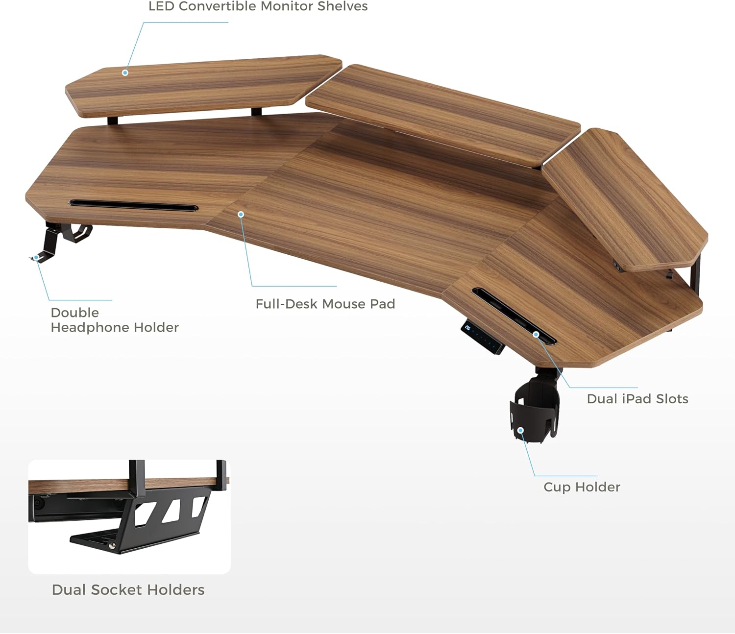 EUREKA ERGONOMIC Standing Gaming Desk with Dual Motor,63' Wing Shaped Computer Desk w Mouse Pad, Electric Adjustable Height Table w LED Monitor Stands,Slot Design,Walnut