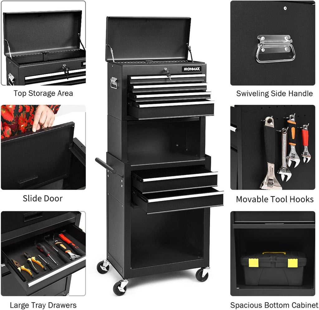 IRONMAX 6-Drawer Tool Cabinet on Wheels, Lockable 3 in 1 Heavy Duty Toolbox Organizer w/ 4 Universal Wheels & Hooks, Detachable Metal Tool Chest for Garage, Warehouse, Repair Shop (Black)