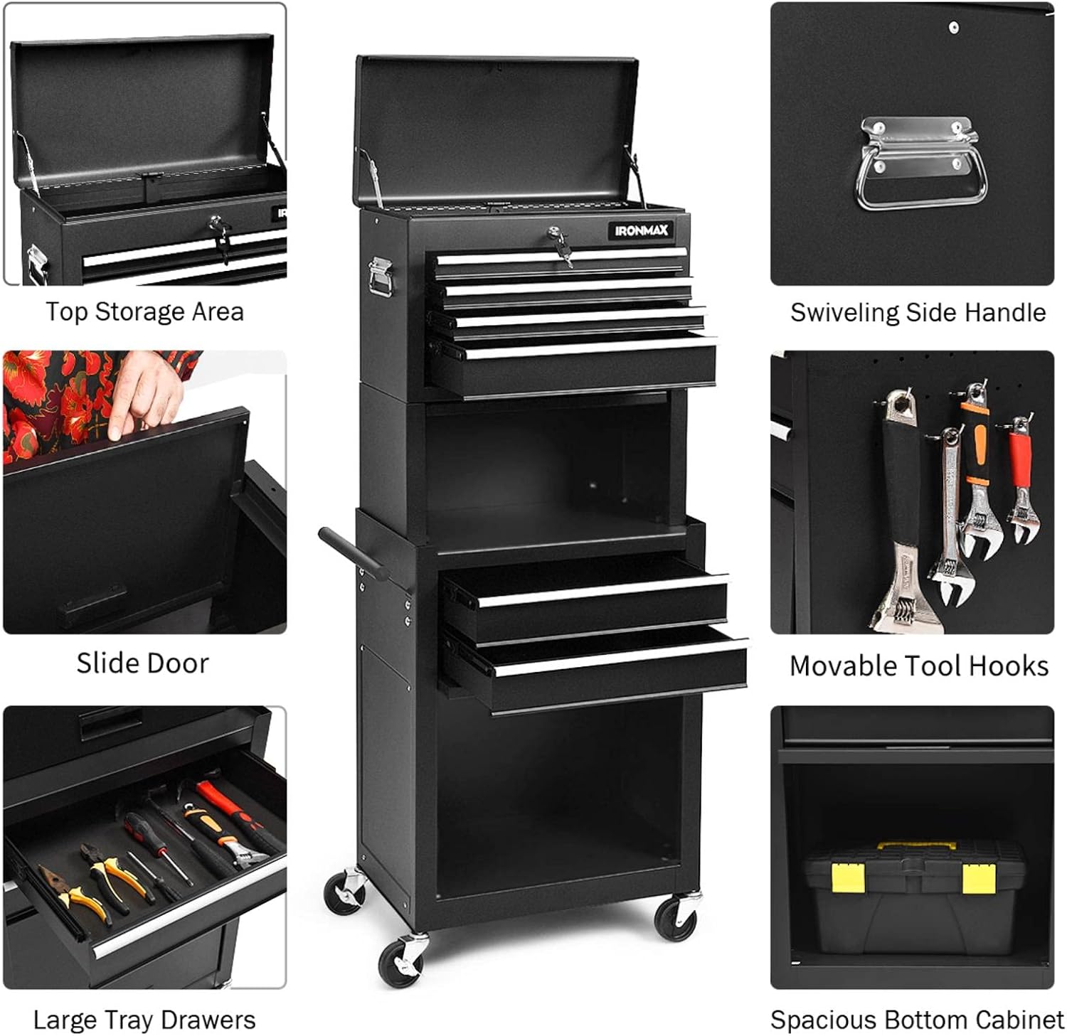 IRONMAX 6-Drawer Tool Cabinet on Wheels, Lockable 3 in 1 Heavy Duty Toolbox Organizer w/ 4 Universal Wheels & Hooks, Detachable Metal Tool Chest for Garage, Warehouse, Repair Shop (Black)