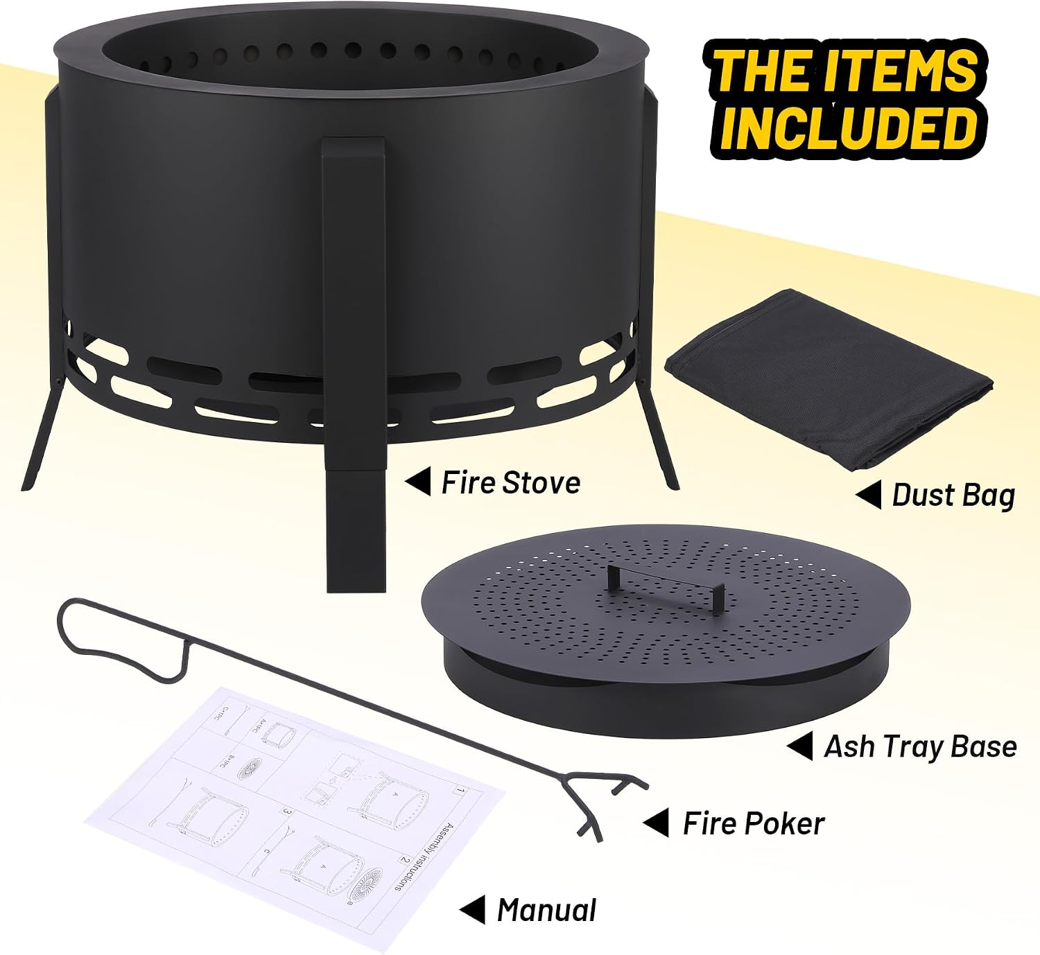 Garvee 26 in Smokeless Fire Pit with Ash Tray Base, Smokeless Outdoor Fire Pits with Adjustable Foot&Fire Poker,Firepit with Dust Bag, Outdoor Firepits for BBQ, Bonfire, Camping