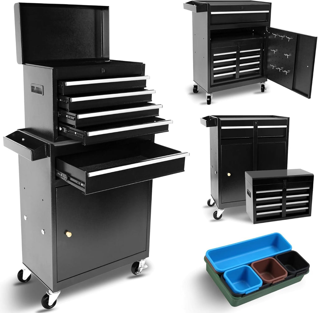 5 Drawer Tool Cart Rolling Tool Chest on Wheels Drawers Rolling Tool Box Organizer Drawer Liners Detachable Top with Locking System for Garage Workshop Warehouse Repair Shop Black