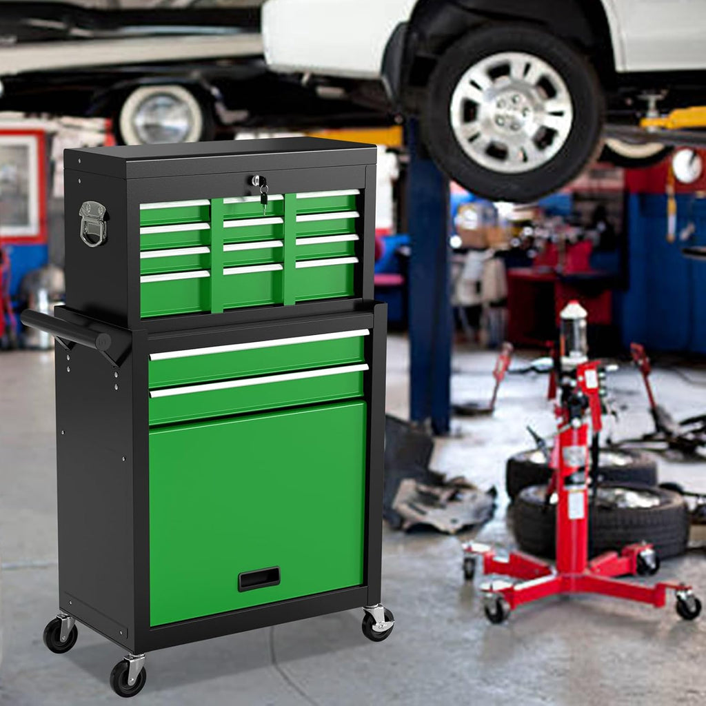 8-Drawer Rolling Tool Chest, High Capacity Removable Tool Storage Cabinet, Detachable Toolbox with Lock for Garage Warehouse and Workshop (Blackgreen)