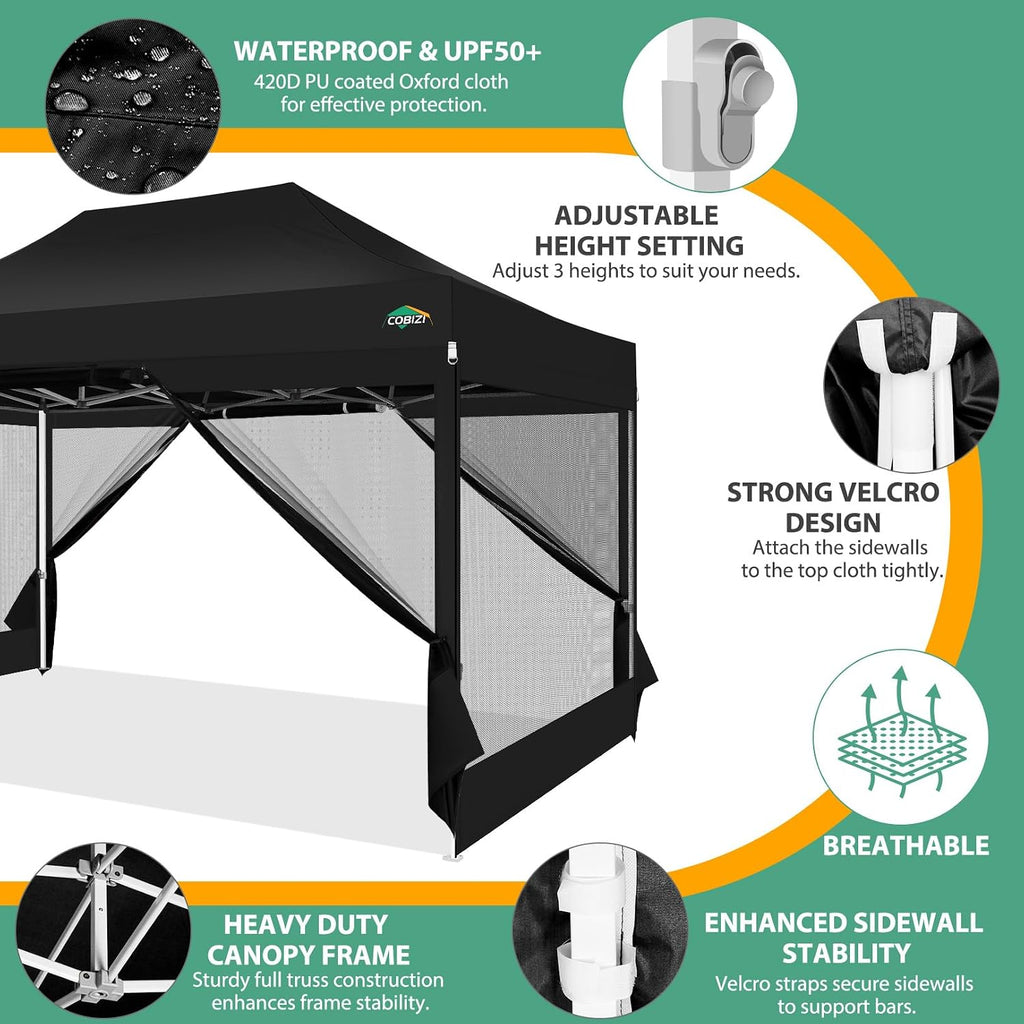 COBIZI 10x15 Heavy Duty Pop up Canopy with 4 Sidewalls, Canopy Tent with Mosquito Netting, Easy up Screen Party Tents for Parties Wedding Patio Backyard Commercial Gazebo with Handbag, Black