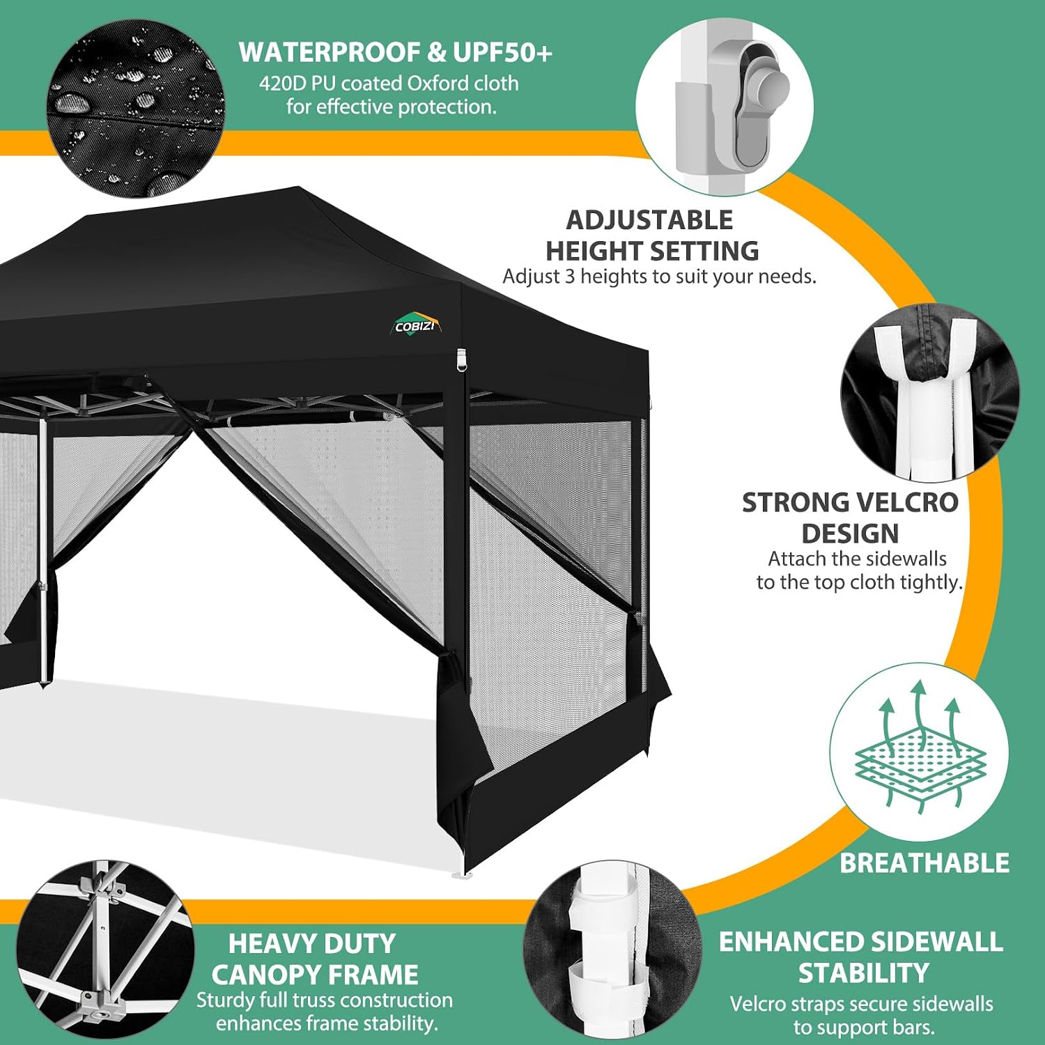 COBIZI 10x15 Heavy Duty Pop up Canopy with 4 Sidewalls, Canopy Tent with Mosquito Netting, Easy up Screen Party Tents for Parties Wedding Patio Backyard Commercial Gazebo with Handbag, Black