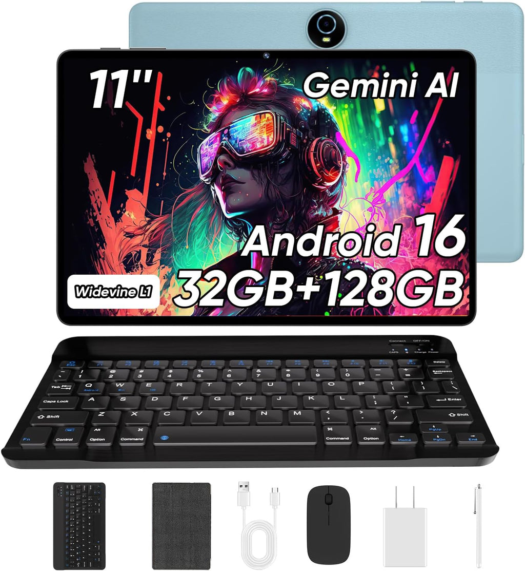 WXUNJA Android 16 Tablet with Keyboard, 11 Inch, 32GB RAM+128GB Storage, 1TB Expand, 8000mAh Battery, 5MP+8MP Camera, Dual Band WiFi 6, IPS Touch Screen, Mouse/Stylus/Case/Charger Inside, Light Blue