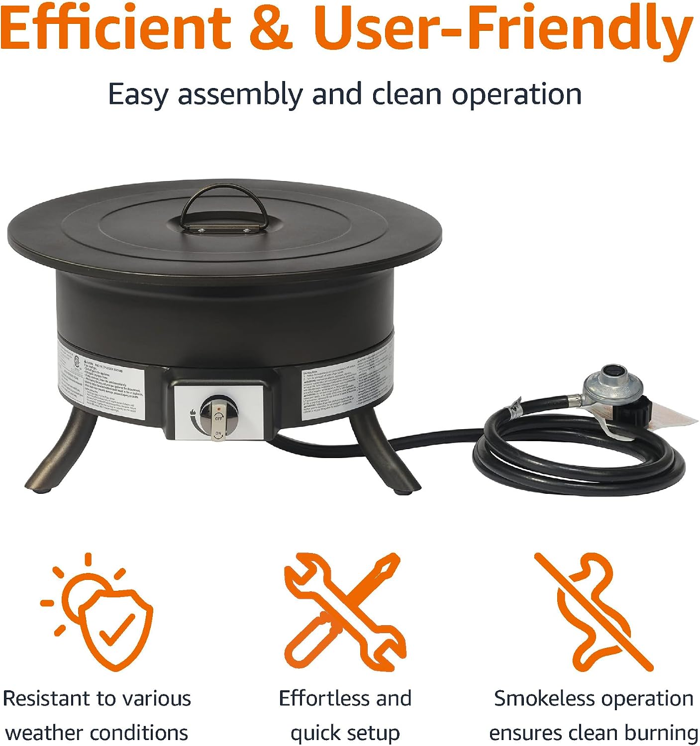 Amazon Basics Portable Propane Fire Pit, 19 inch Round Gas for Patio, 55,000 BTU, Carry Strap, Heat, Warmth and Ambience
