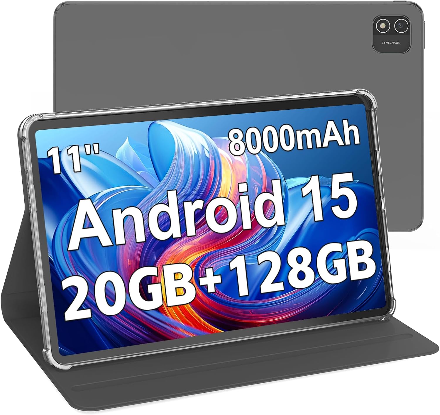Android 15 Tablet, 11 Inch Tablet with 8000 mAh, Octa-Core, 20GB RAM 128GB ROM 1TB Expansion, 1920x1200, 5MP+8MP, 2.4G/5G WiFi, Support GMS GPS Face Unlock Parent Control, Case Included