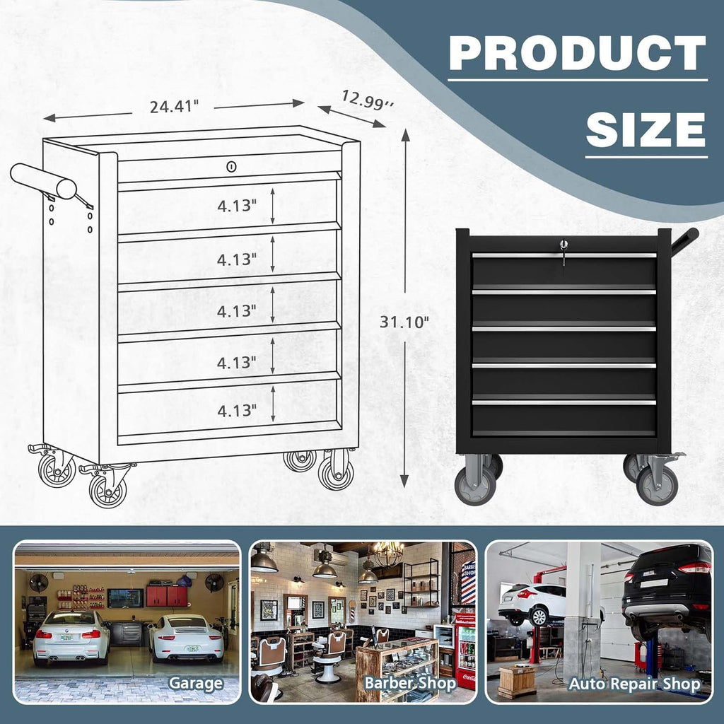5-Drawer Tool Chest, Rolling Tool Box with Wheels, High Capacity Detachable Mobile Tool Storage Cabinet for Workshop, Garage, Mechanics and Repair Room (Black, 5-Drawer)