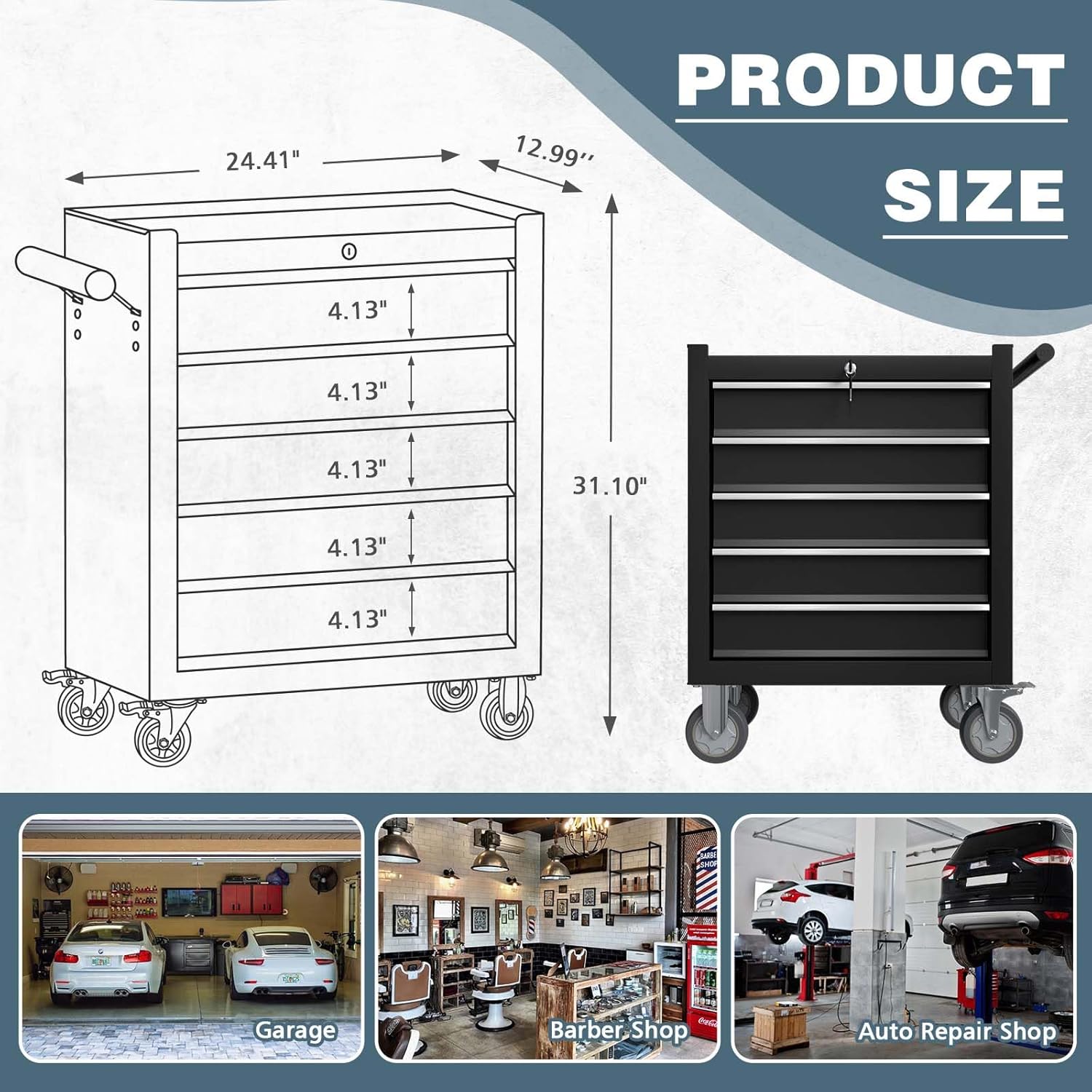 5-Drawer Tool Chest, Rolling Tool Box with Wheels, High Capacity Detachable Mobile Tool Storage Cabinet for Workshop, Garage, Mechanics and Repair Room (Black, 5-Drawer)