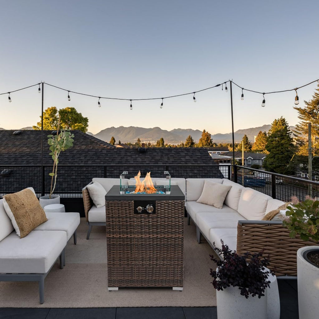 22in Outdoor Propane Gas Fire Pit Table, 40,000 BTU Auto-Ignition Gas Firepit with Glass Wind Guard, Painted Steel Tabletop, Mixed Color Glass Rocks, Brown PE Rattan