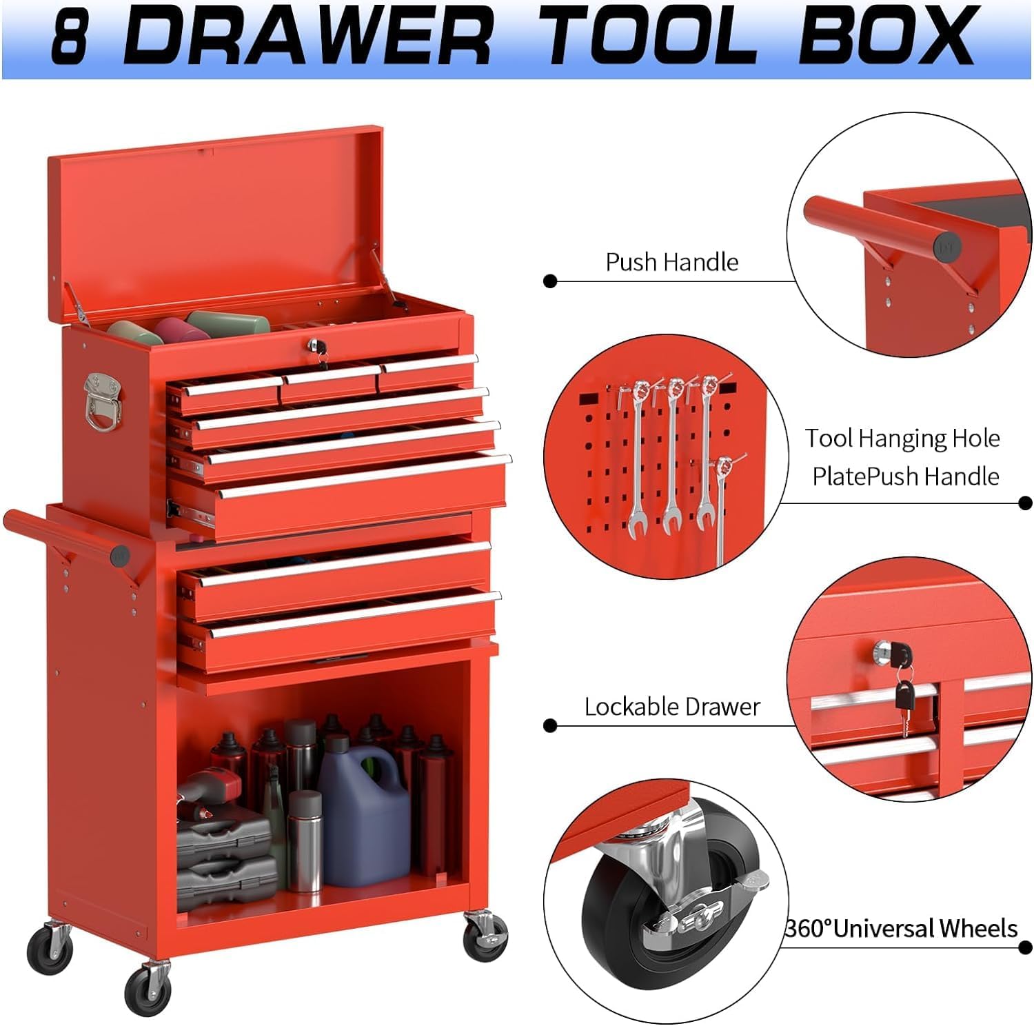 8 Drawer Rolling Tool Chest, High Capacity Tool Box with Lockable Wheels and Drawers, 2 in 1 Portable Toolbox Organizer Storage Cabinet For Garage, Warehouse, Repair Shop, Red