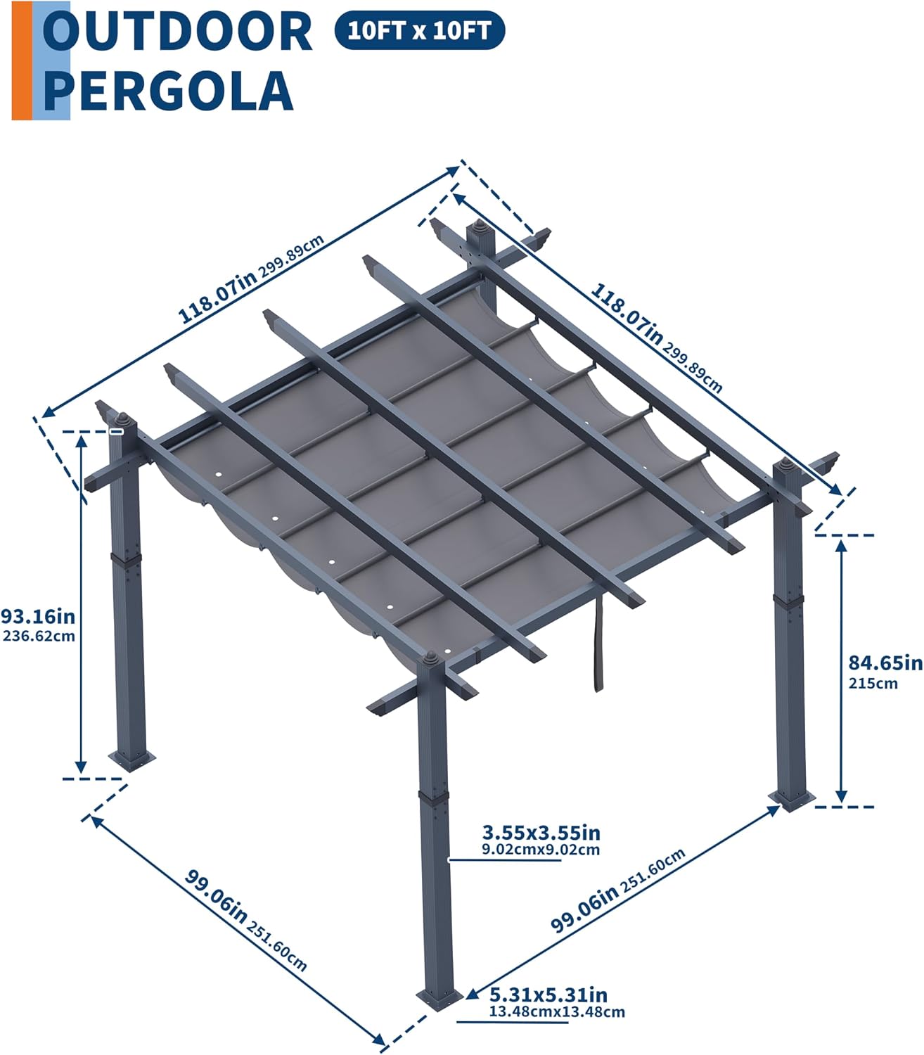 GAOMON 10x10 Ft Outdoor Aluminum Pergola, Heavy-Duty Patio Pergola with Retractable Canopy Sun Shade Cover, UV-Resistant Metal Gazebo for Existing Deck Backyard Garden Porch, Blue