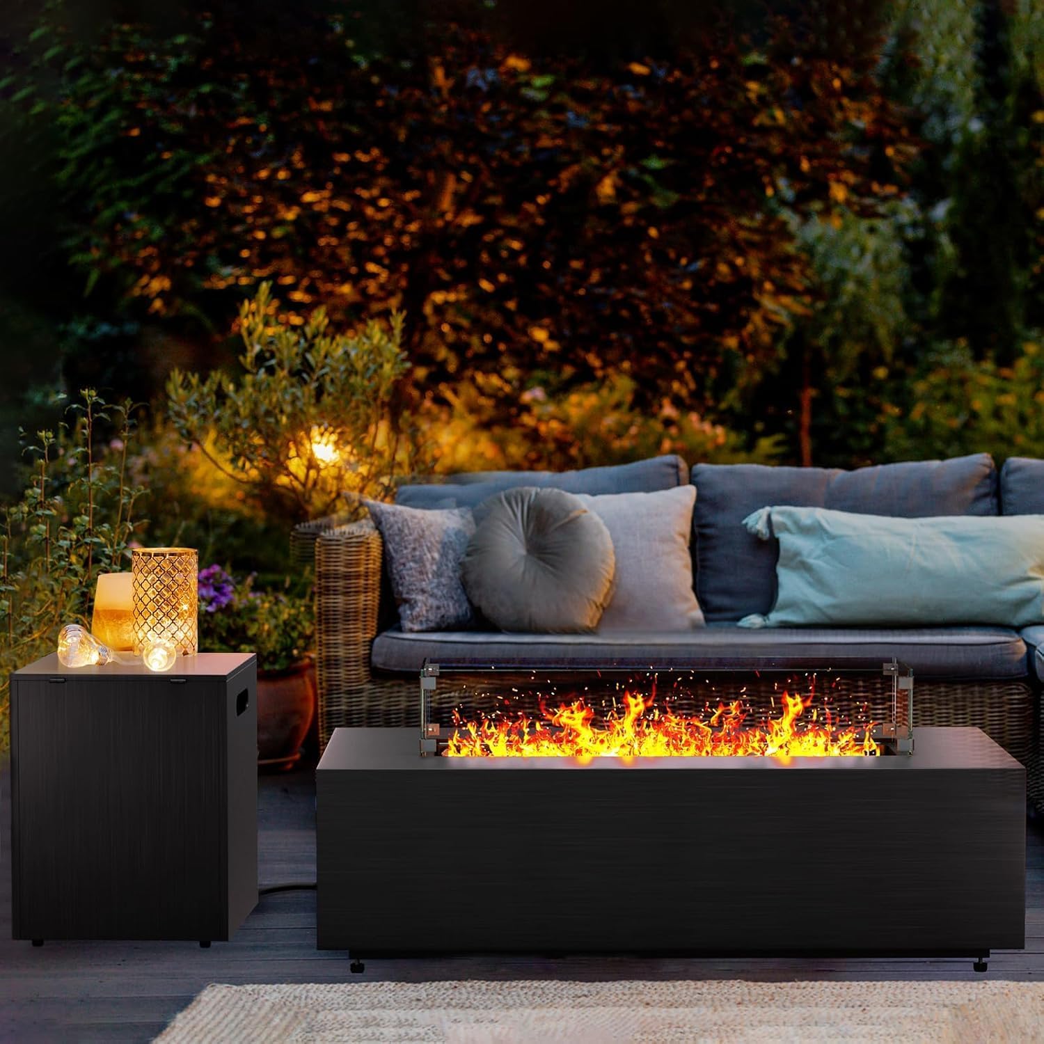 Jocoevol 42in Fire Pit Table Propane Fire Pit 2 Piece Rectangular Gas Fire Pits 50,000 BTU with Wind Guard Propane Tank Cover Table Lava Rocks for Outdoor Outside Patio