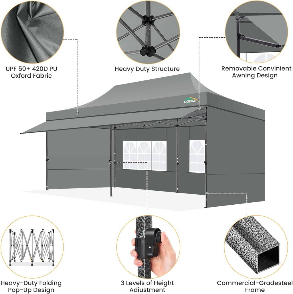 COBIZI 10x20 Pop Up Canopy Tent with Awning & Sidewalls, Heavy Duty Commercial 10X20 Canopy Tents Instant Waterproof, UPF 50+ Sun Shade for Outdoor, Parties, Markets (Gray)