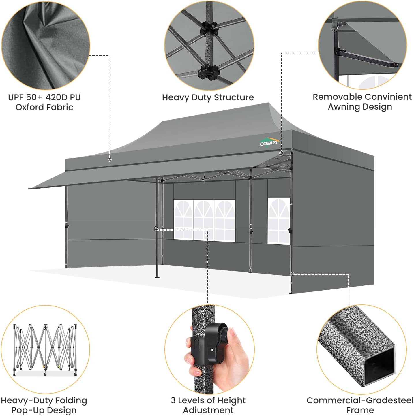 COBIZI 10x20 Pop Up Canopy Tent with Awning & Sidewalls, Heavy Duty Commercial 10X20 Canopy Tents Instant Waterproof, UPF 50+ Sun Shade for Outdoor, Parties, Markets (Gray)